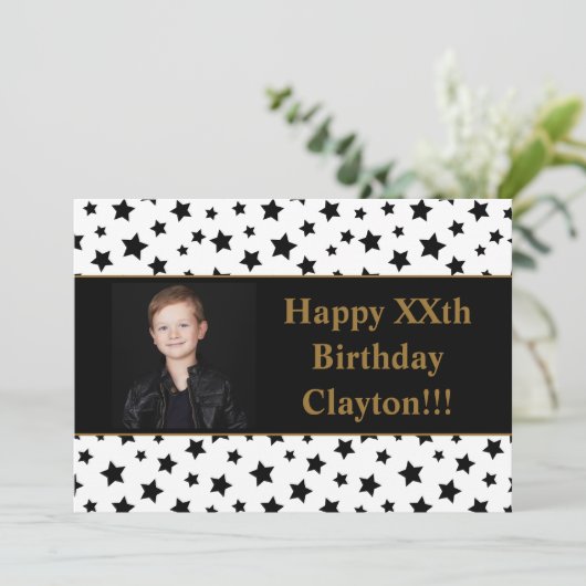 Zwarte sterren met berichtfoto van Birthday Party Kaart (Staand voorkant)