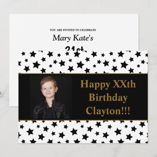 Zwarte sterren met berichtfoto van Birthday Party Kaart (Voorkant / Achterkant)