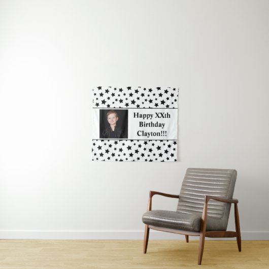 Zwarte sterren met berichtfoto van Birthday tapest Wandkleed (In Situ (horizontaal))