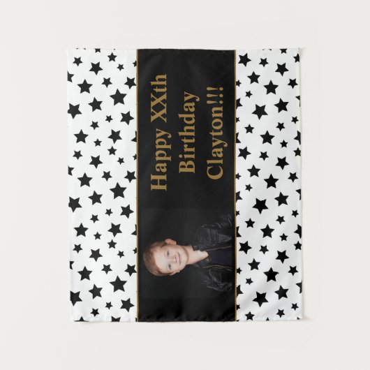 Zwarte sterren met berichtfoto van Birthday tapest Wandkleed (Voorkant)