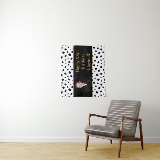 Zwarte sterren met berichtfoto van Birthday tapest Wandkleed (In situ)