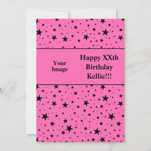 Zwarte sterren op roze met bericht Foto Verjaardag Kaart (Voorkant)