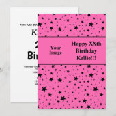Zwarte sterren op roze met bericht Foto Verjaardag Kaart (Voorkant / Achterkant)