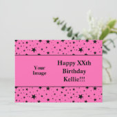 Zwarte sterren op roze met bericht Foto Verjaardag Kaart (Staand voorkant)