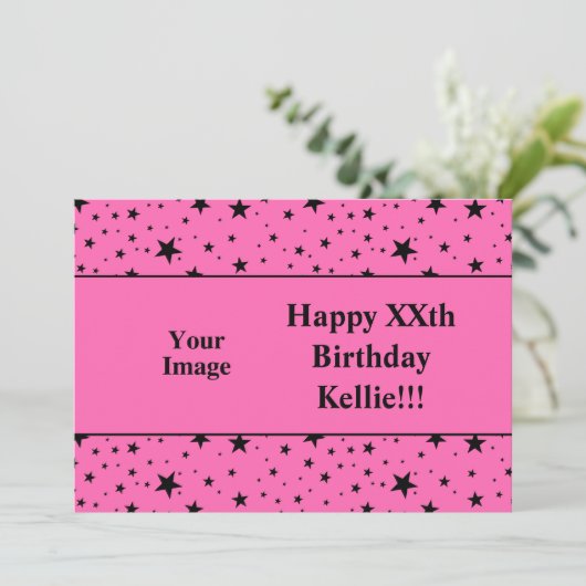 Zwarte sterren op roze met bericht Foto Verjaardag Kaart (Staand voorkant)