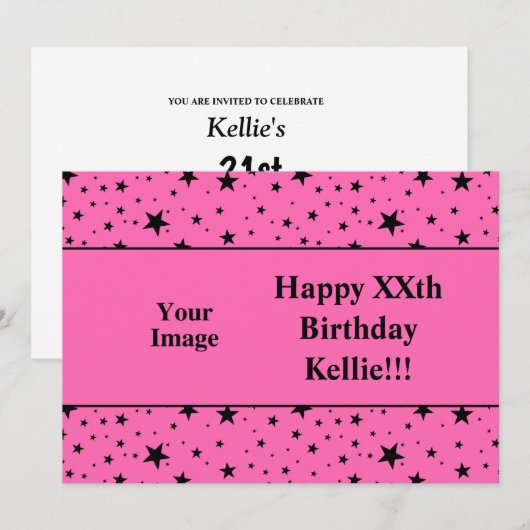 Zwarte sterren op roze met bericht Foto Verjaardag Kaart (Voorkant / Achterkant)