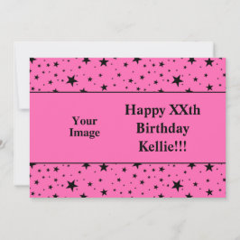 Zwarte sterren op roze met bericht Foto Verjaardag Kaart