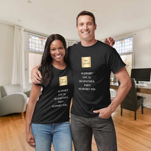 Zwarte steun lokale business logo slogan t-shirt