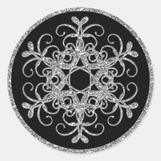 Zwarte Sticker, Glitter LOOK Snowflake Wedding Ronde Sticker (Voorkant)