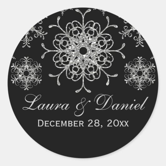 Zwarte Sticker, Glitter LOOK Snowflake Wedding Ronde Sticker (Voorkant)