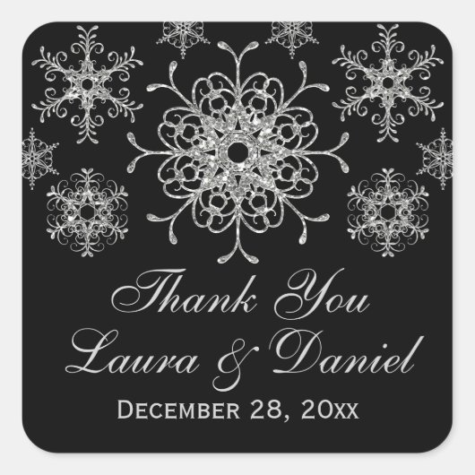 Zwarte Sticker, Glitter LOOK Snowflake Wedding Vierkante Sticker (Voorkant)