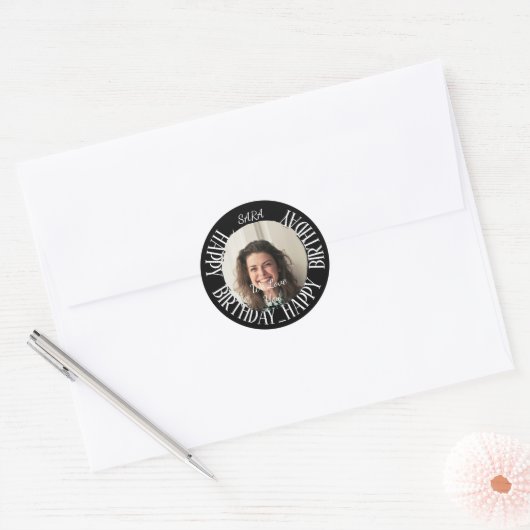Zwarte Sticker voor de verjaardag volledig aanpasb (Envelop)