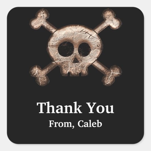 Zwarte stickerlabels met afbeelding van schedelbot vierkante sticker (Voorkant)