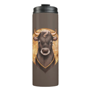 Zwarte stier op goud, schattige stier 2021, jaar v thermosbeker