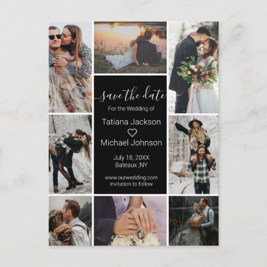 zwarte stijlvolle 8 foto's collage opslaan datum aankondigingskaart (Voorkant)