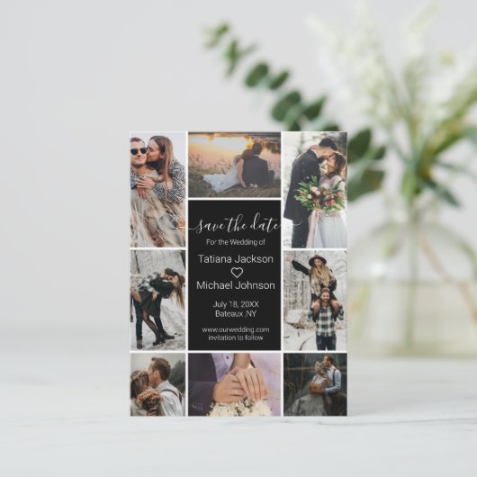 zwarte stijlvolle 8 foto's collage opslaan datum aankondigingskaart (Staand voorkant)