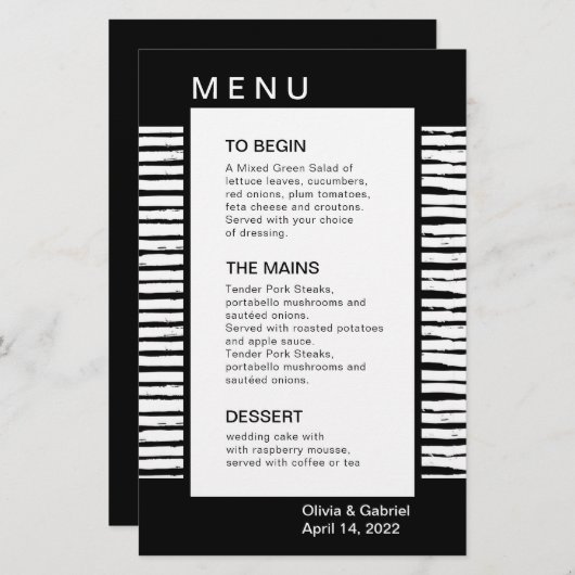 Zwarte stijlvolle fancy strips. Menu Weddenschap (Voorkant / Achterkant)