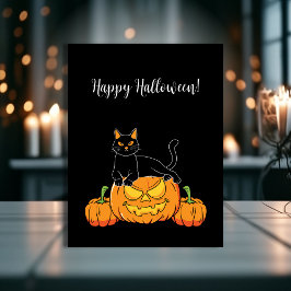 Zwarte, stijlvolle, Happy Halloween Cat & Pumpkin  Briefkaart
