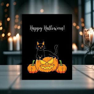 Zwarte, stijlvolle, Happy Halloween Cat & Pumpkin Briefkaart