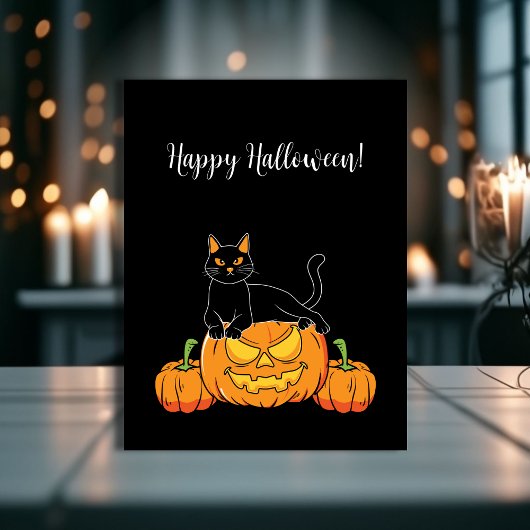 Zwarte, stijlvolle, Happy Halloween Cat & Pumpkin  Briefkaart