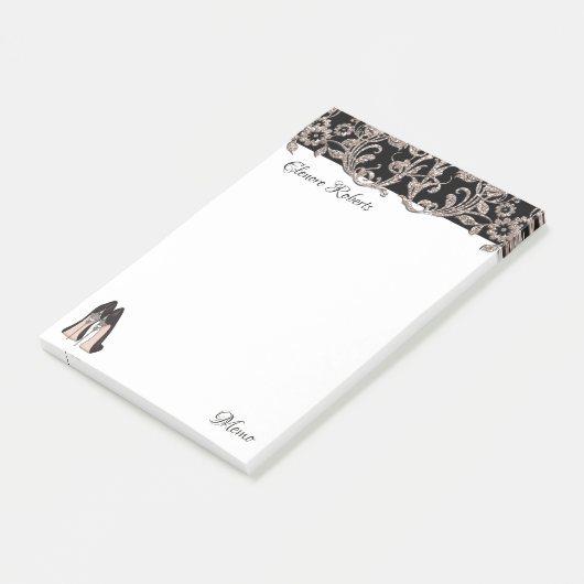 Zwarte stiletto & bloemenwervelingen post-it® notes (Schuin)