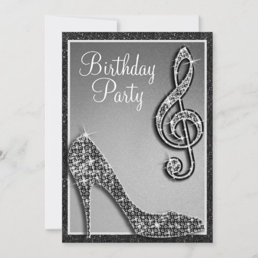 Zwarte Stiletto & Treble Clef Verjaardag Kaart (Voorkant)