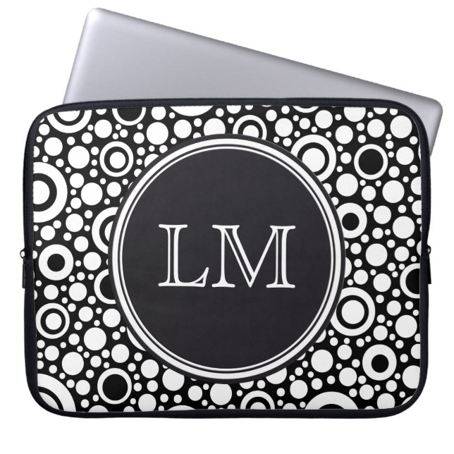 Zwarte Stippen & cirkels Net + uw backgr. en tekst Laptop Sleeve (Voorkant)