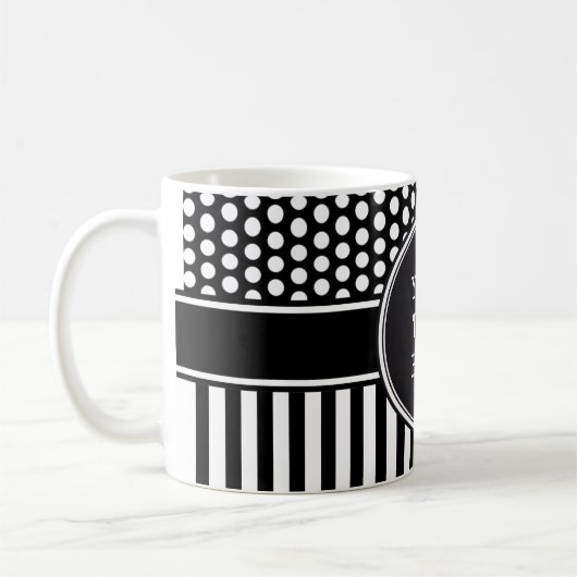 Zwarte Stippen & Stripes Grid + uw backgr. en teks Koffiemok (Links)