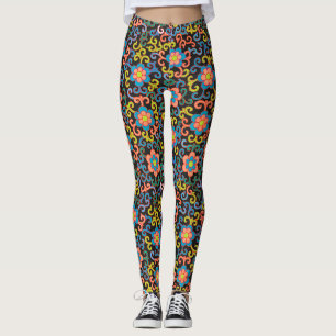 Zwarte Stof met Kleurrijk Bloemmotief Leggings