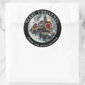 Zwarte stoomtrein versierd voor Kerstmis, Santa Ronde Sticker (Tas)