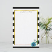 Zwarte Streep & Blauwe Bloem Gepersonaliseerde Sta Briefpapier (Staand voorkant)