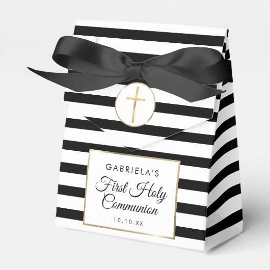 Zwarte Streep Elegante Gouden Eerste Heilige Commu Bedankdoosjes (Voorkant Zijde)