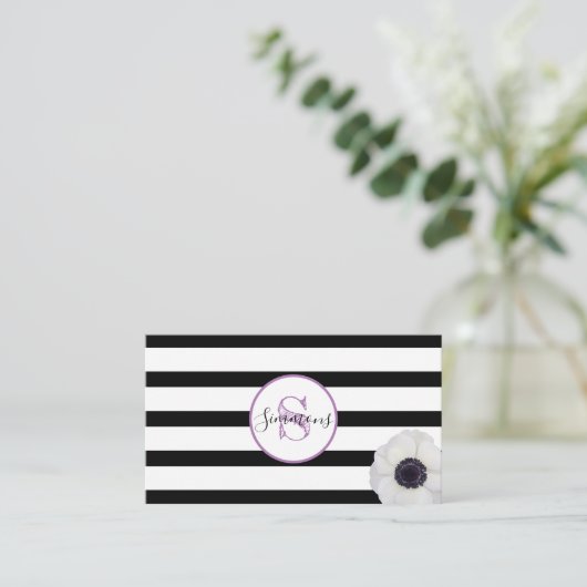 Zwarte streep en anenoom-monogrammen visitekaartje (Staand voorkant)