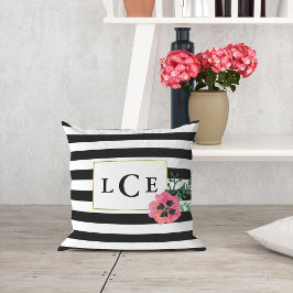 Zwarte streep en roze Floral Monogram Sierkussen