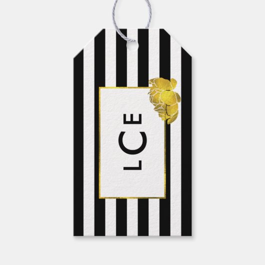 Zwarte Streep & Gouden Pioen Monogram Gift Labels Cadeaulabel (Voorkant)