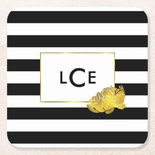 Zwarte Streep & Gouden Pioen Monogram Onderzetters (Voorkant)