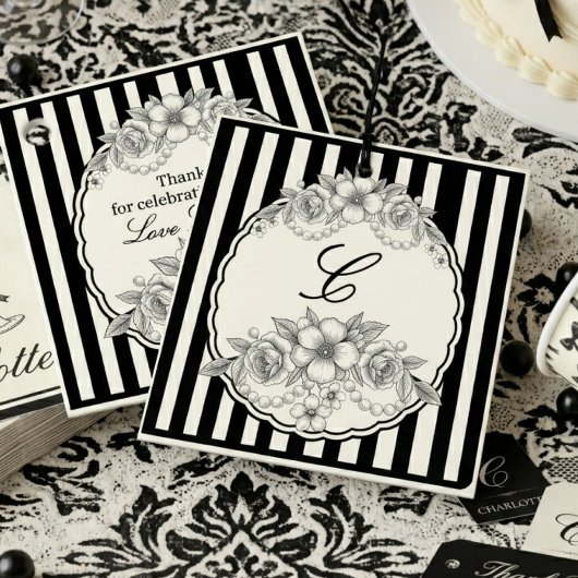 Zwarte Streep Monogram Bloemige Bedank Favour Labe Bedankjes Labels