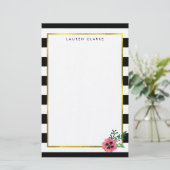 Zwarte Streep & Roze Bloemen Gepersonaliseerde Sta Briefpapier (Staand voorkant)