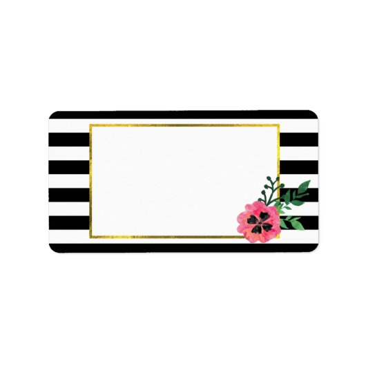 Zwarte Streep & Roze Bloemen met Faux Gold-accent Etiket (Voorkant)