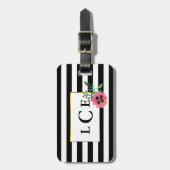 Zwarte Streep & Roze Bloemen Monogram Bagagelabel (Voorkant verticaal)