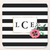 Zwarte Streep & Roze Bloemen Monogram Onderzetters (Voorkant)