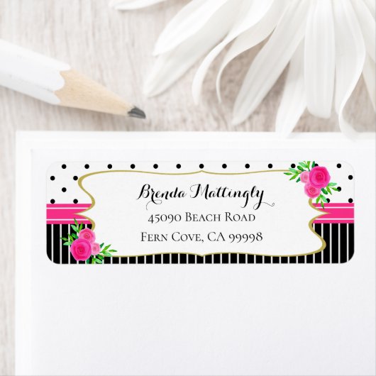  zwarte streep Stippen roze bloemengouden beugel Etiket (Insitu)