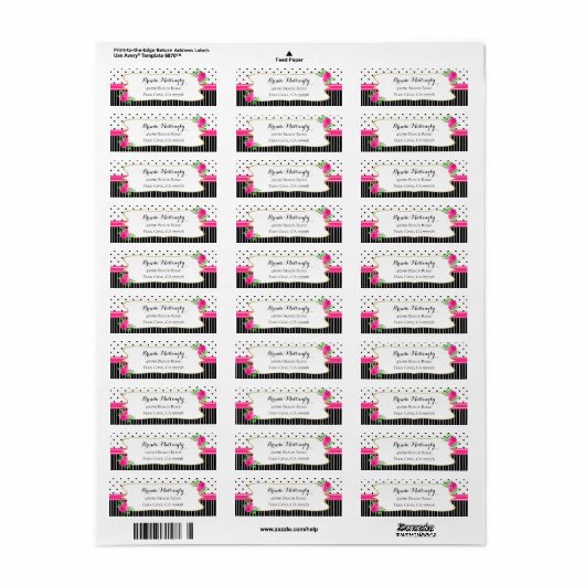  zwarte streep Stippen roze bloemengouden beugel Etiket (Full Sheet)