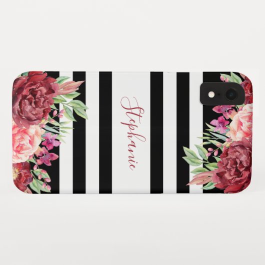 Zwarte strepen Bourgondië Floral Waterverf Monogra Case-Mate iPhone Case (Achterkant (horizontaal))