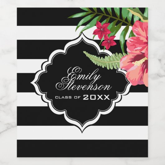 Zwarte strepen en bloemen- Afstuderen Wijn Etiket (Enkel label)