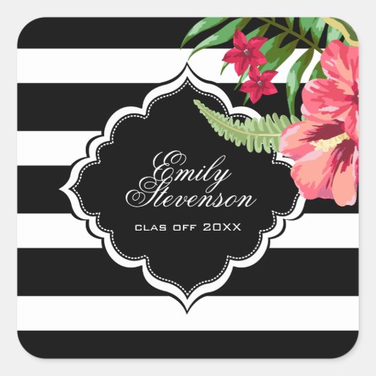 Zwarte strepen en hibiscus- Afstuderen Vierkante Sticker (Voorkant)