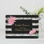 Zwarte strepen en kant Roze Bloemen Vrijgezellenfe Kaart (Staand voorkant)