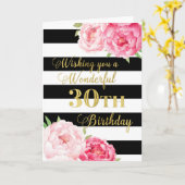 Zwarte strepen en roze bloemen 30ste verjaardag kaart (Gele Bloem)