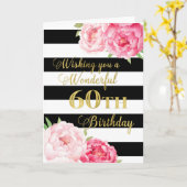 Zwarte strepen en roze bloemen 60ste verjaardag kaart (Gele Bloem)