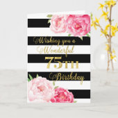 Zwarte strepen en roze bloemen 75ste verjaardag kaart (Gele Bloem)